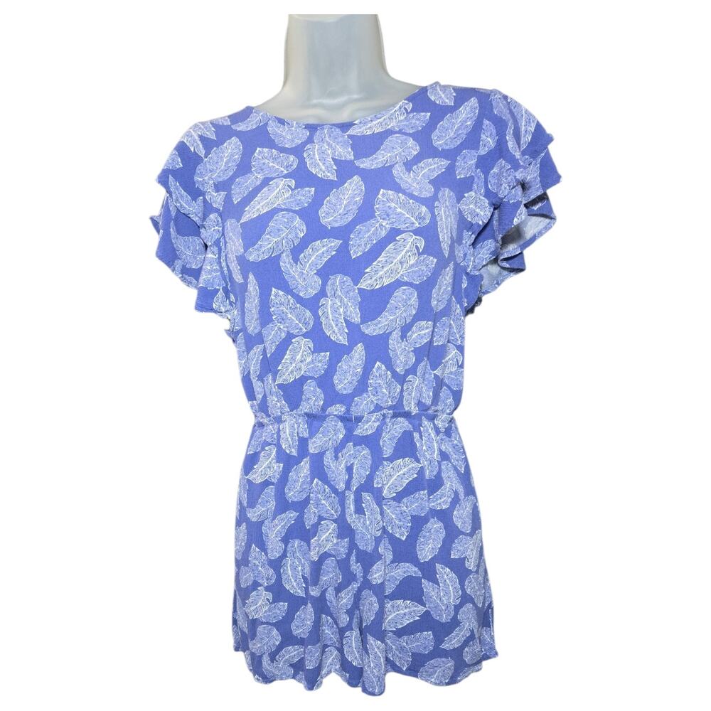 Good Luck Gem Wom Small Blue Feather Print Short Flutter Sleeve Romper Boho